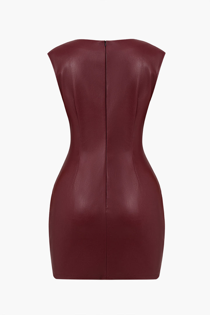 Ruched Faux Leather V-Neck Bodycon Mini Dress