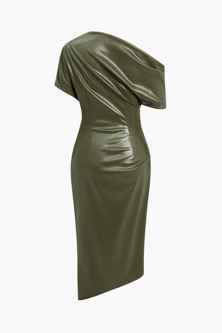 One-Shoulder Faux Leather Bodycon Dres