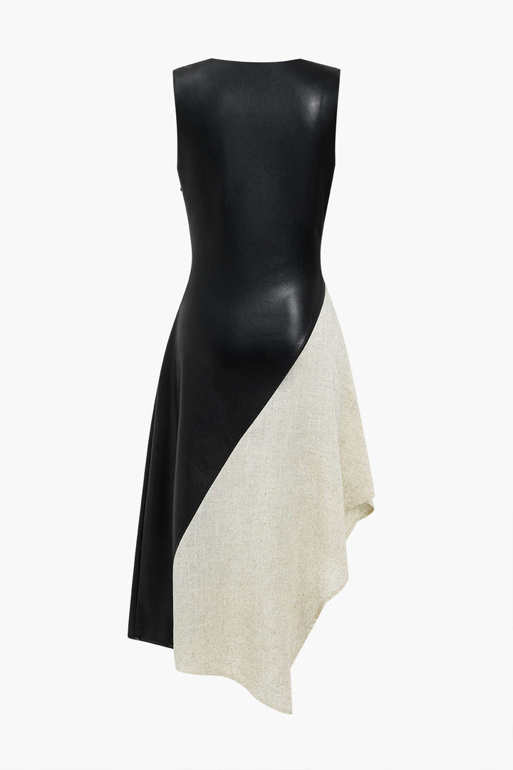 Color Block Draped Cowl Neck Asymmetrical Midi Dress