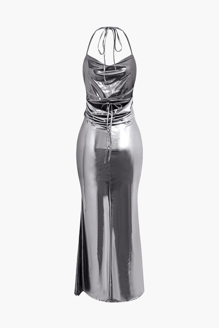 Metallic Tie Halter Cowl Neck Backless Maxi Dress