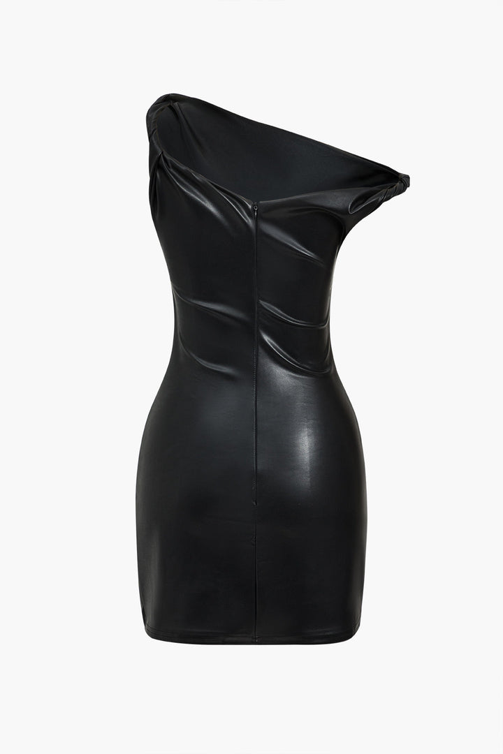 Faux Leather Asymmetrical Twist Knot Zipper Mini Dress