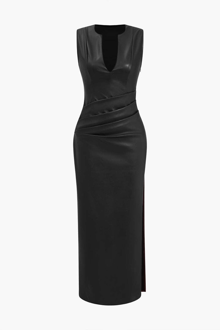 Faux Leather V-neck Ruched Maxi Dress