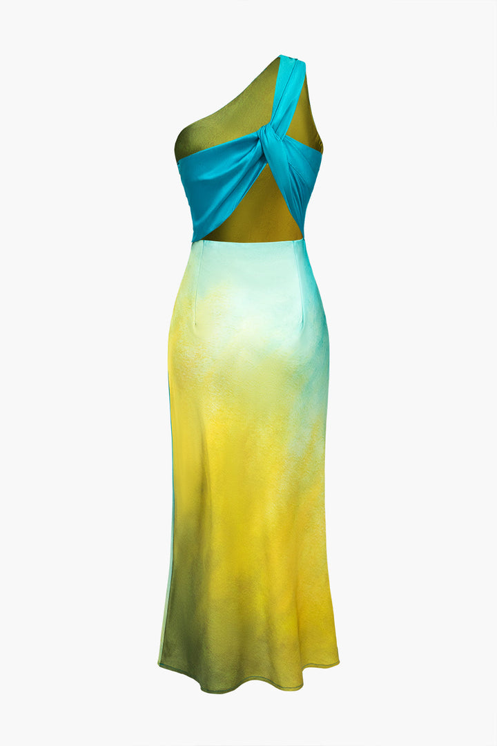 Ombre Print Satin Asymmetrical Maxi Dress