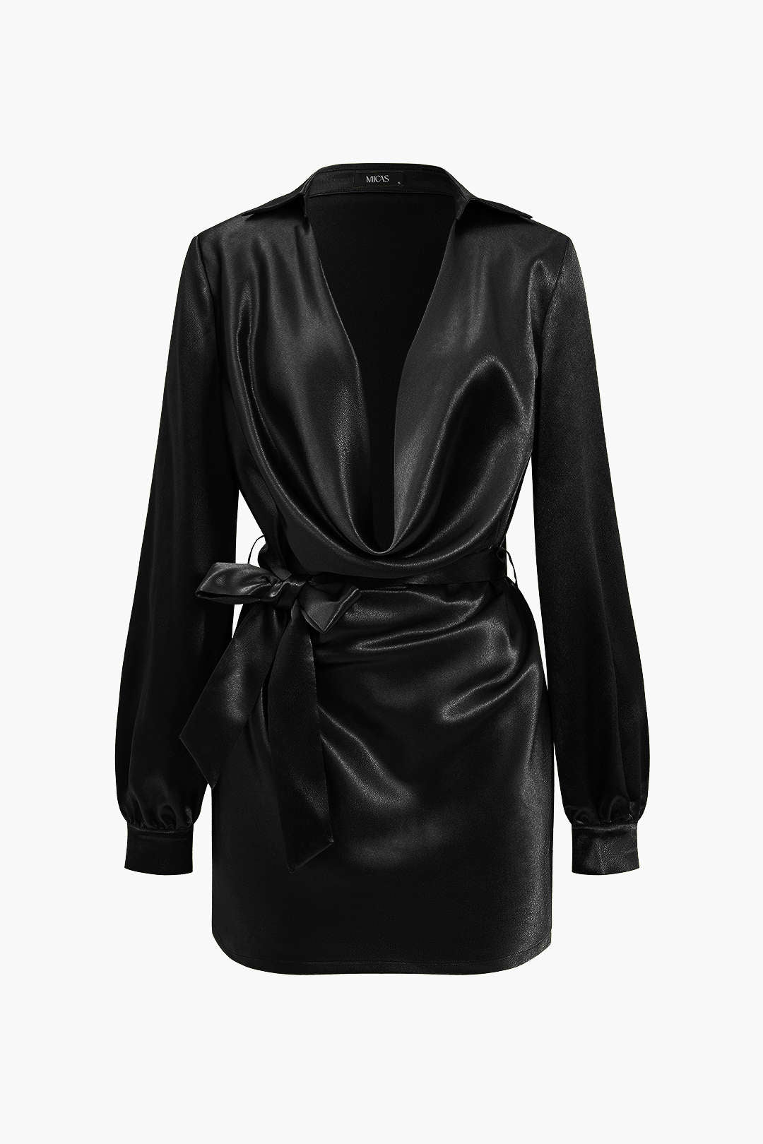 Solid Tie Front Draped Cowl Neck Belted Mini Dress