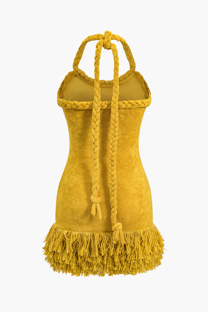 Solid Hand-Woven Fringe Mini Dress