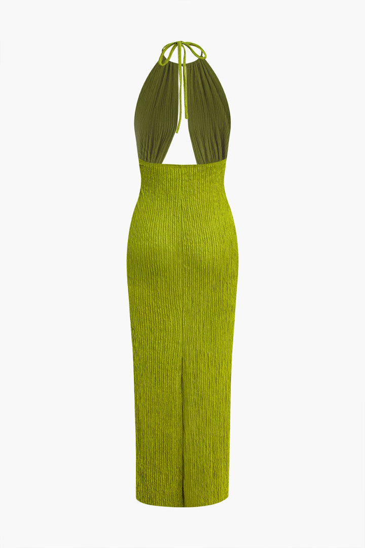 U-Ring Detail Halter Slit Backless Maxi Dress