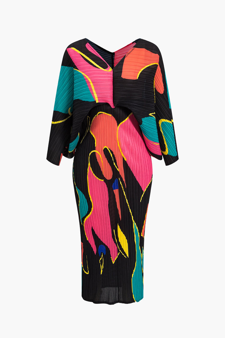 Color Block Print Pleated V-Neck Batwing Sleeves Maxi Dress