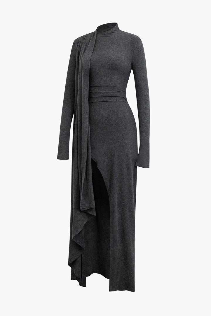 Mock Neck Wrap Ruched Long Sleeve Slit Maxi Dress