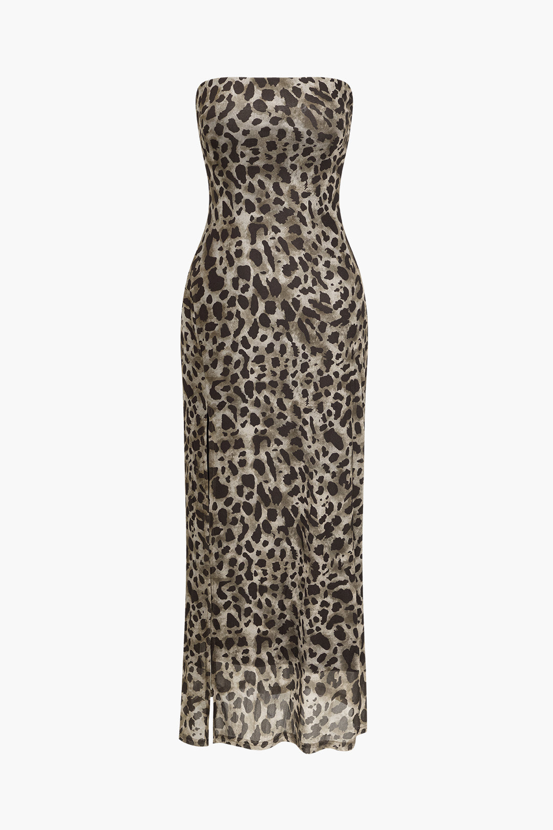 Leopard Print Slit Strapless Midi Dress