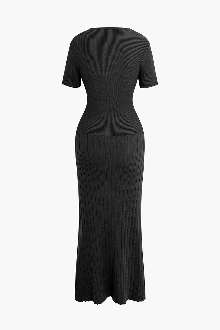 Ribbed Knit V-neck Midi Dress