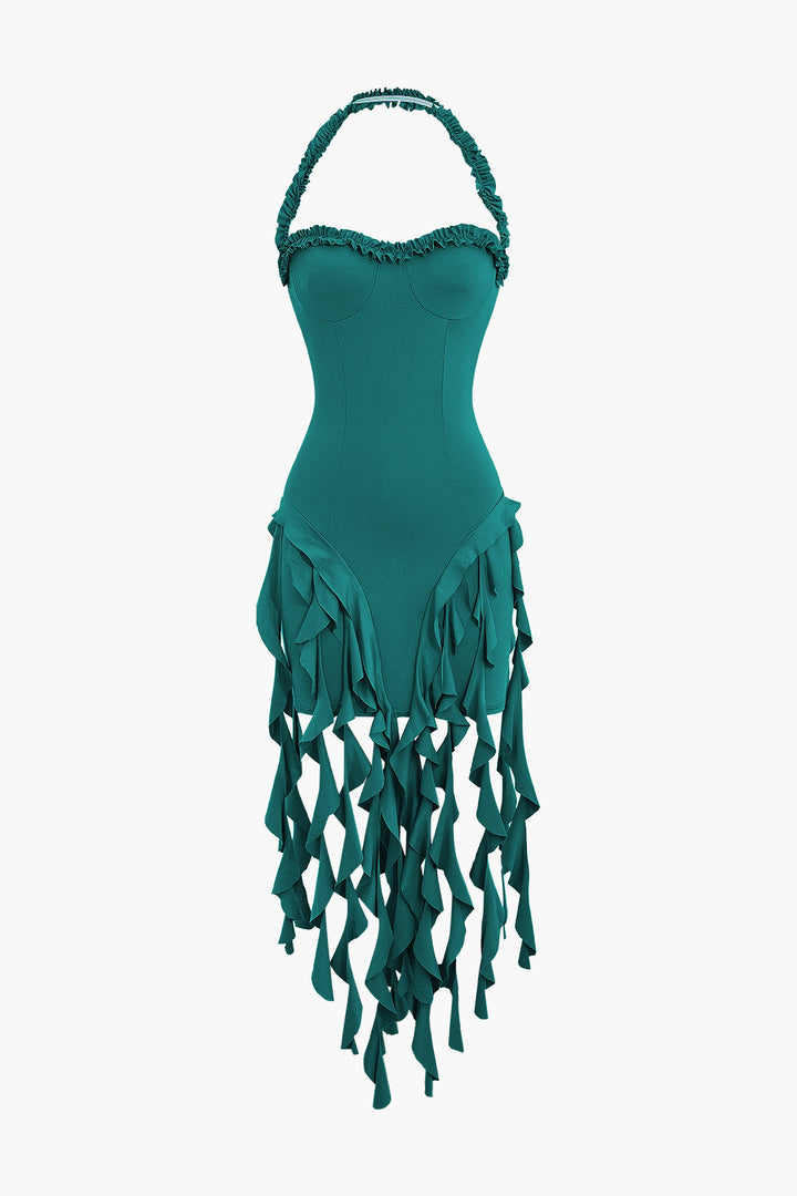 Ruffle Tassel Halter Bustier Mini Dress