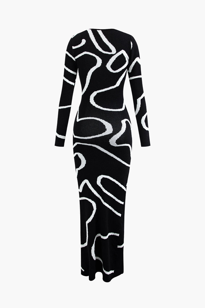 Line Pattern Cut Out Slit Knit Maxi Dress