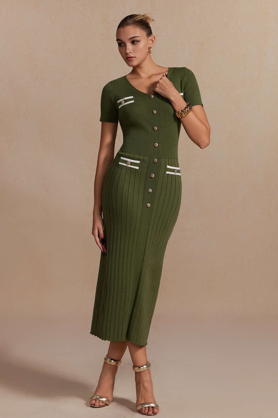 Ribbed Knit V-neck Midi Dress