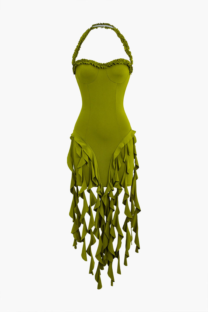 Ruffle Tassel Halter Bustier Mini Dress