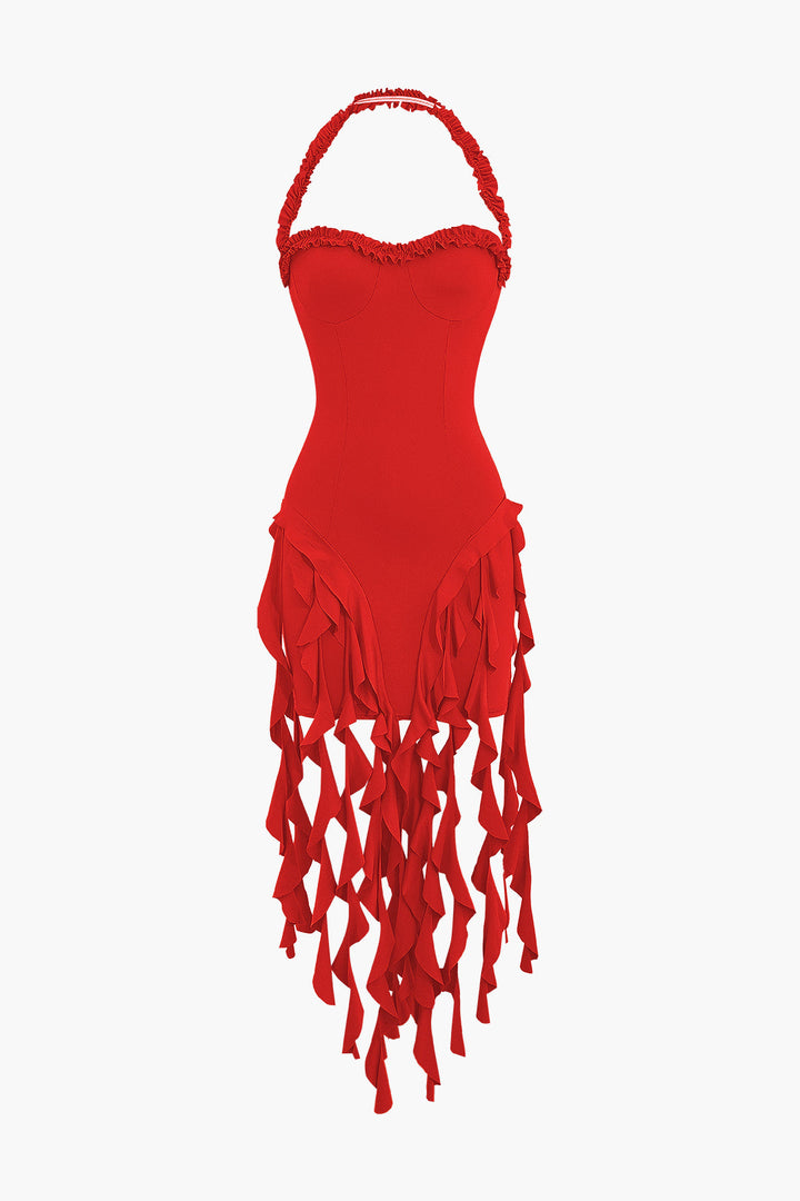 Ruffle Tassel Halter Bustier Mini Dress