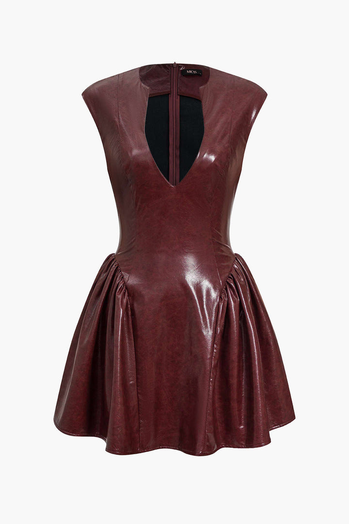 Faux Leather V-neck Ruched Mini Dress