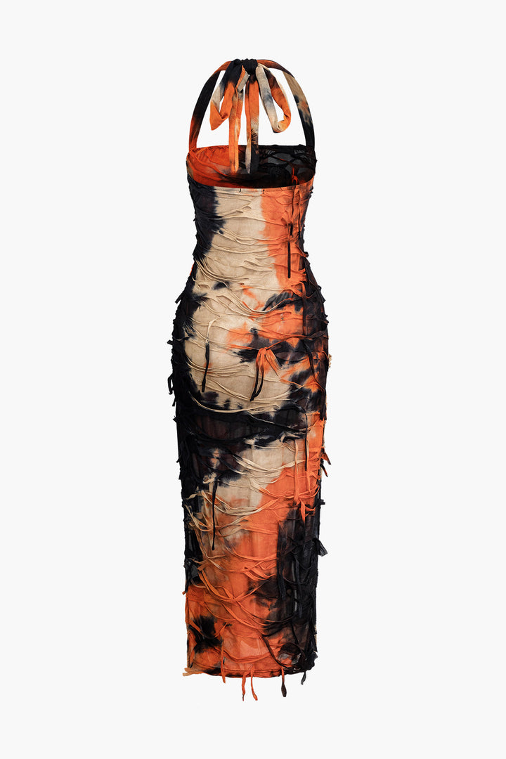 Tie Dye Distressed Mesh Slit Halter Maxi Dress