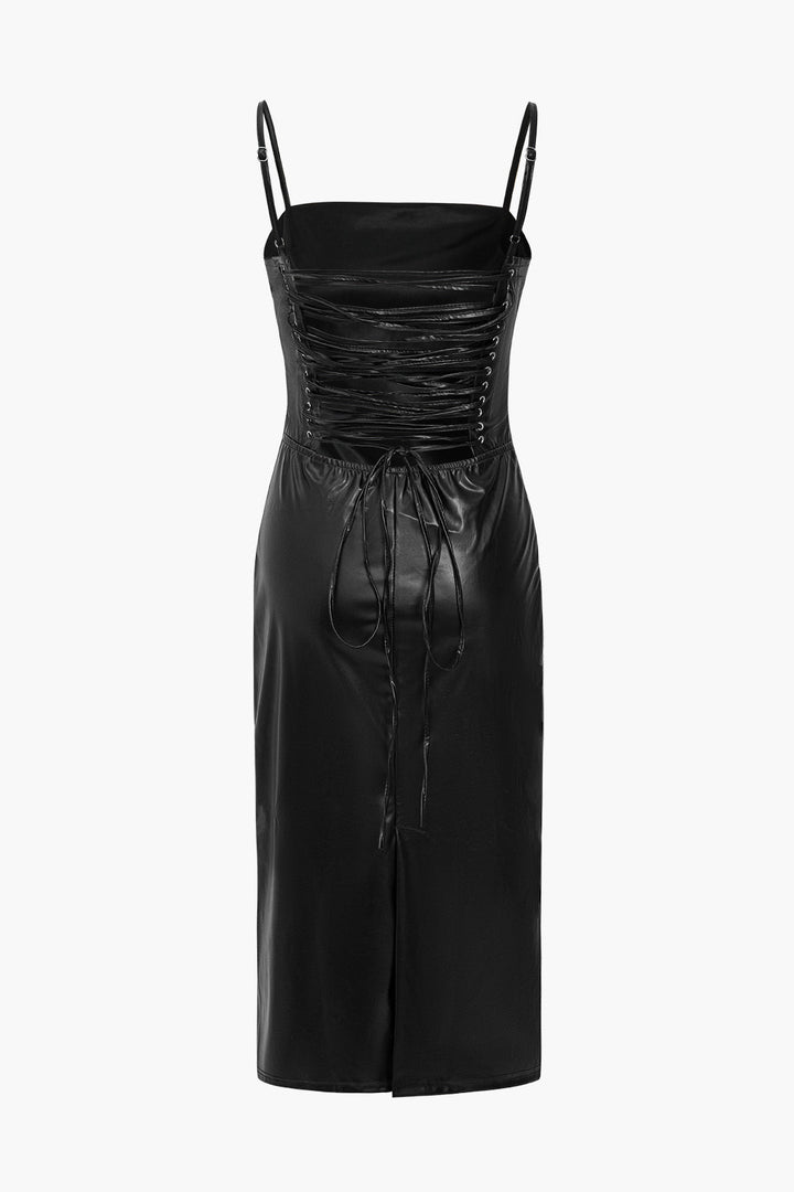 Faux Leather Slip Lace Up Midi Dress