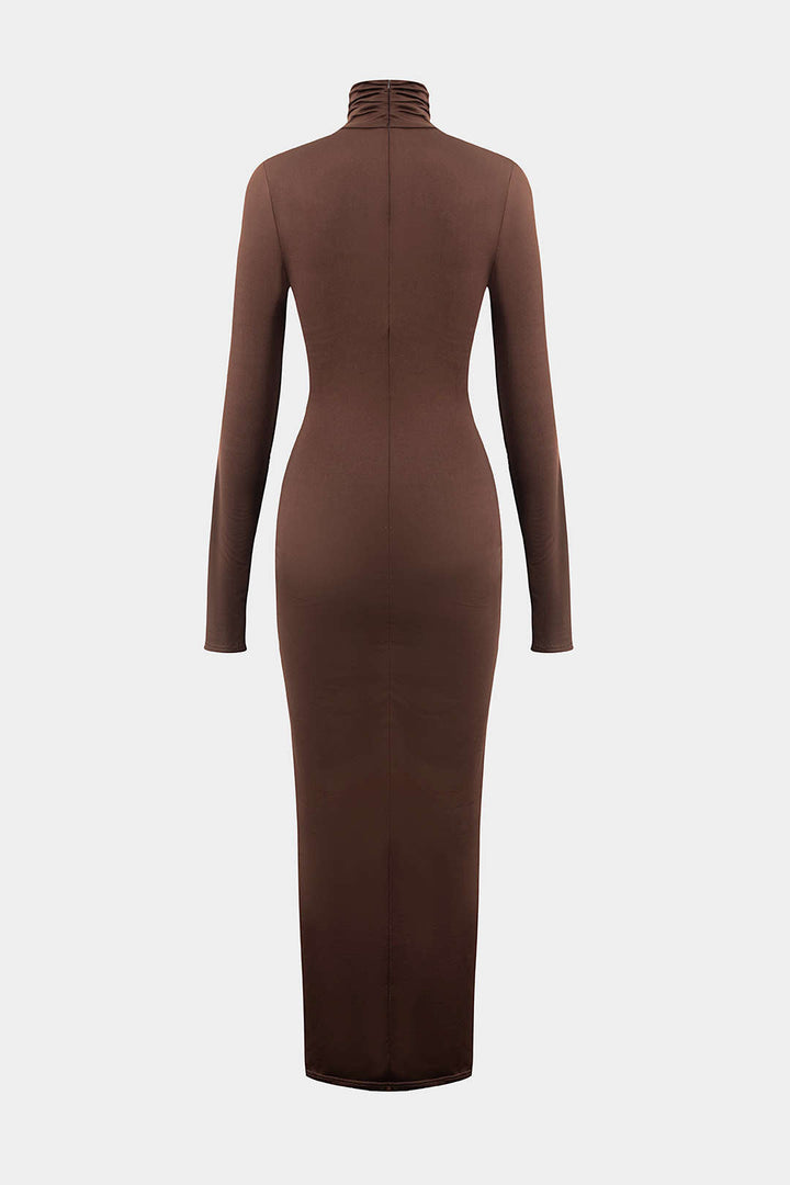 Wrap Ruched High Neck Long Sleeve Maxi Dress