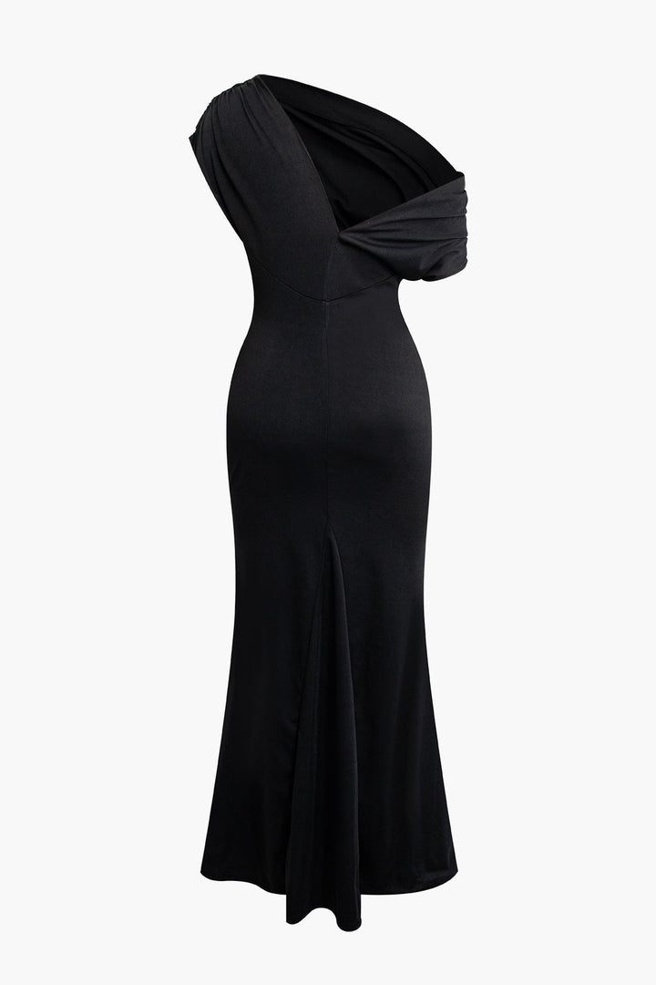 Asymmetrical One Shoulder Ruched Slit Maxi Dress