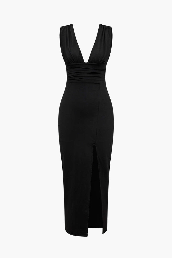 Solid Backless Ruched Slit Midi Dress