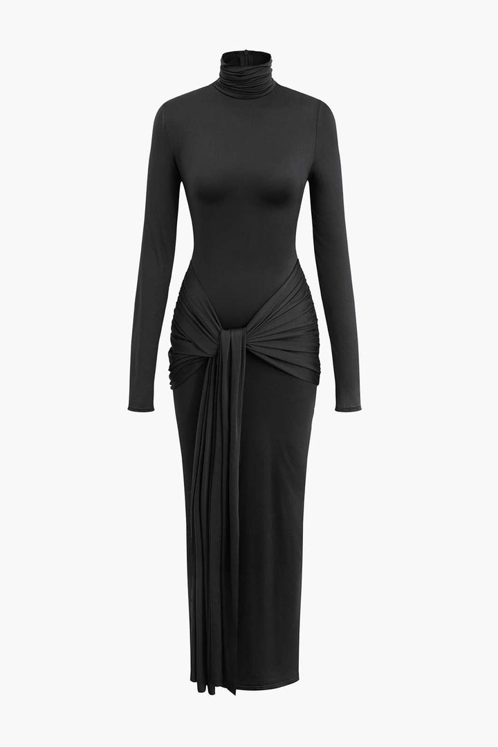 Wrap Ruched High Neck Long Sleeve Maxi Dress