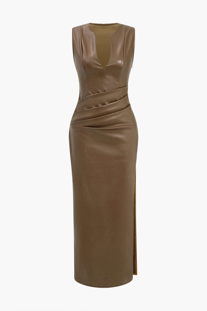 Faux Leather V-neck Ruched Maxi Dress