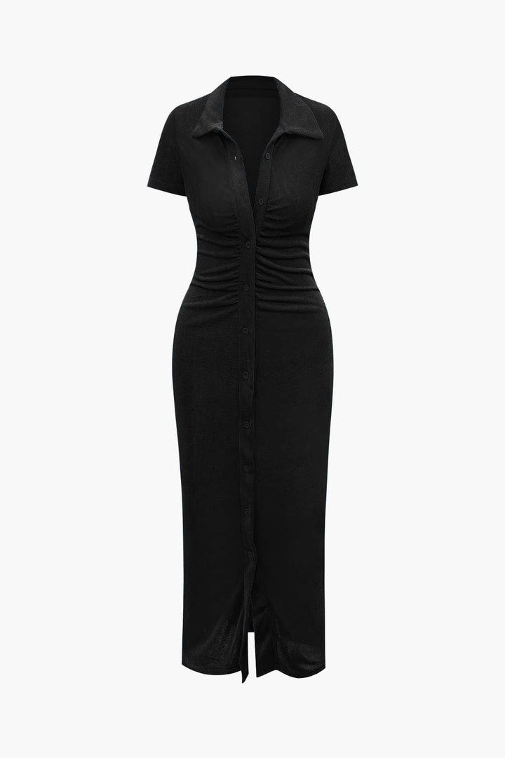 Solid Ruched Button Up Collar Midi Dress