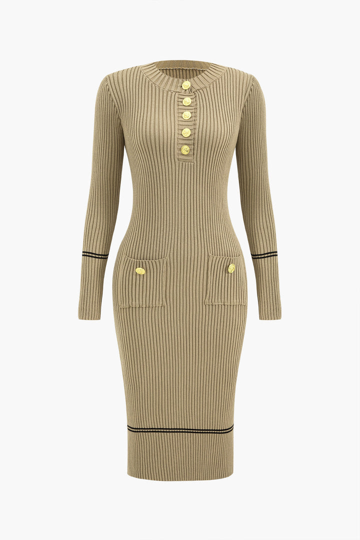 Button Knit Tie-Up Pocket Sweater Dress