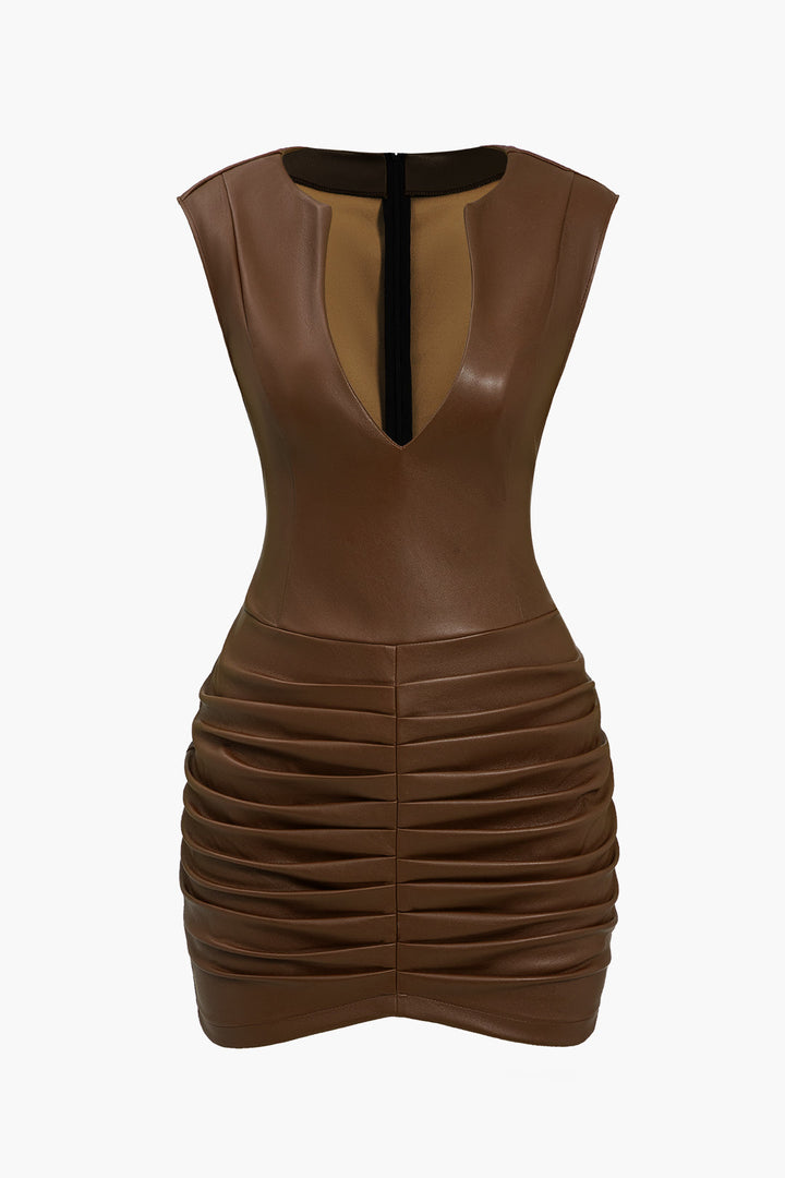 Ruched Faux Leather V-Neck Bodycon Mini Dress