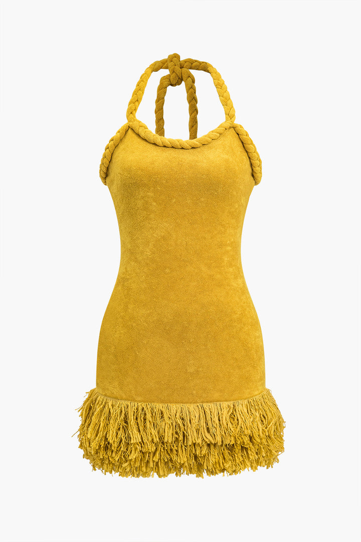 Solid Hand-Woven Fringe Mini Dress