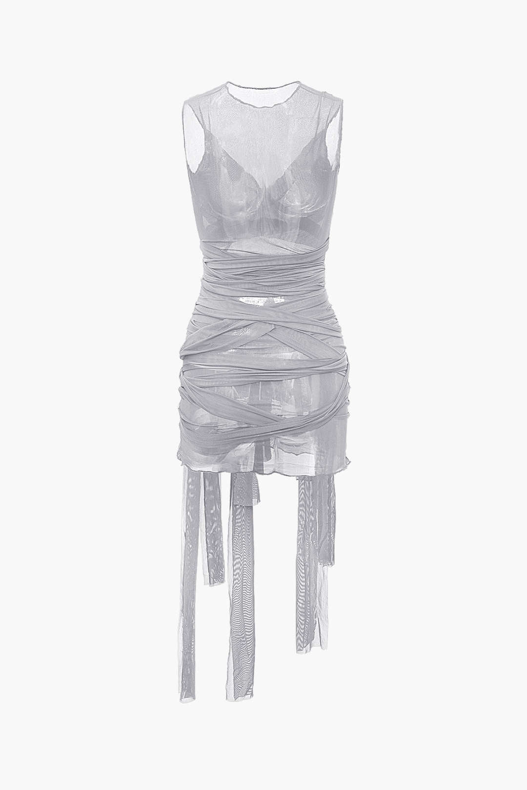 Sheer Mesh Wrap Tie Ribbon Mini Dress