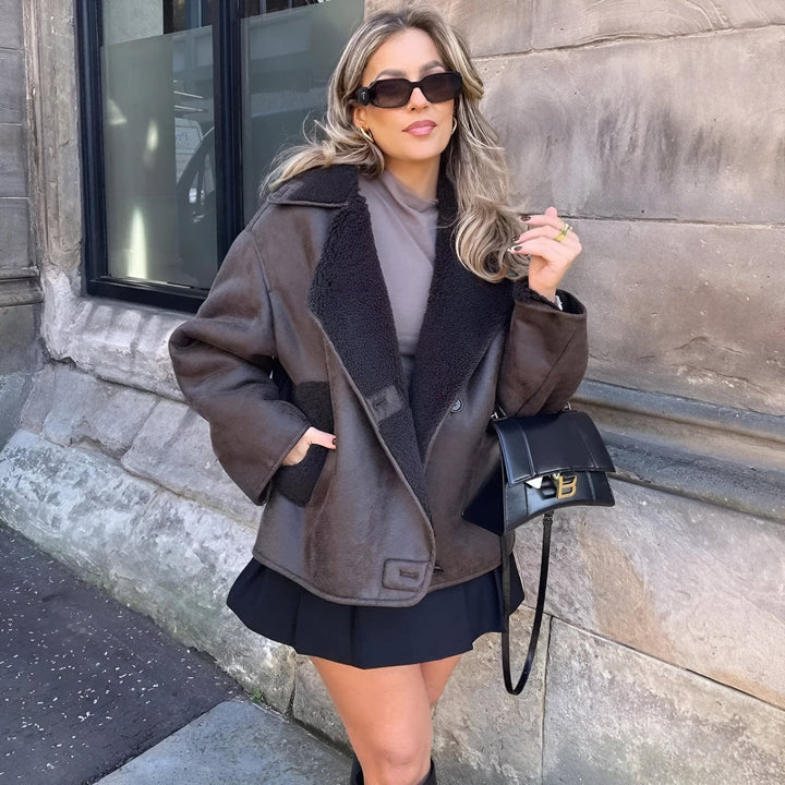 Oversized lined teddy jacket - dark brown