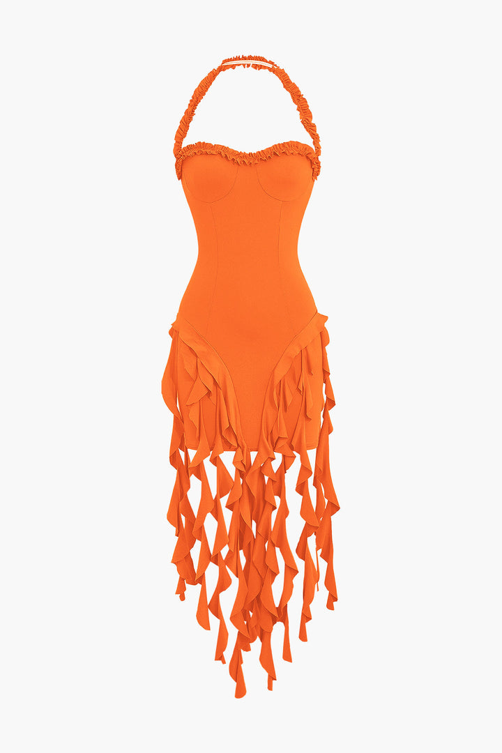 Ruffle Tassel Halter Bustier Mini Dress