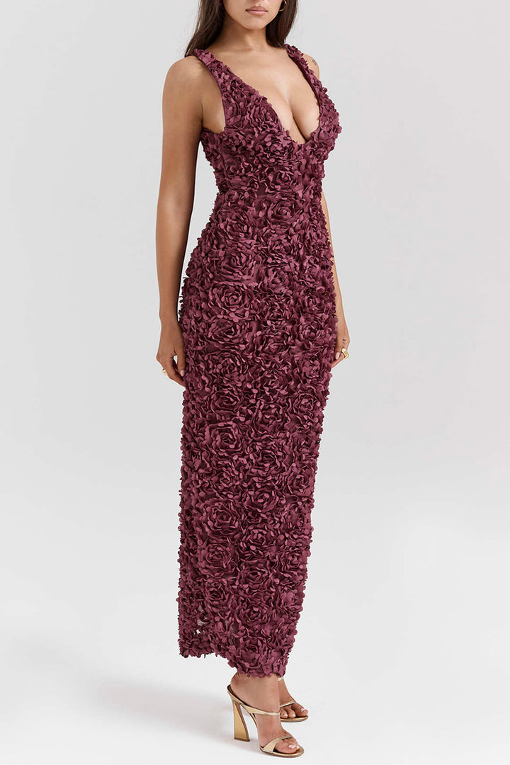 Appliques V-neck Slit Maxi Dress