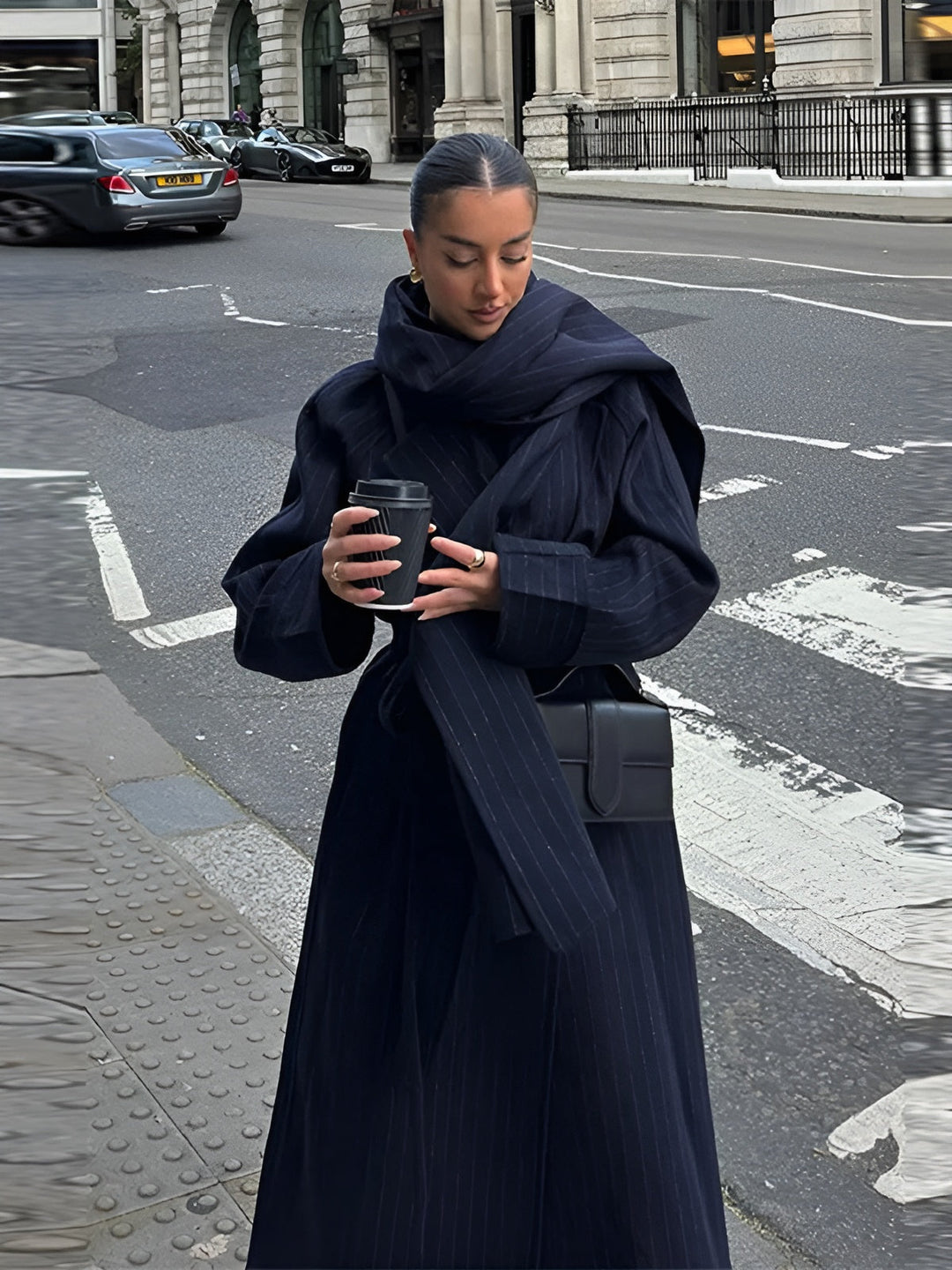 Striped trench coat with scarf