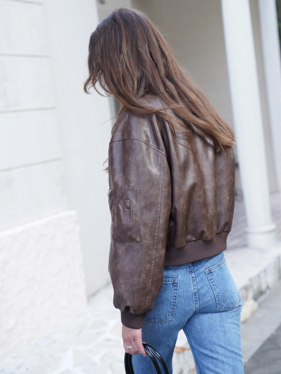 Leather short bomber jacket