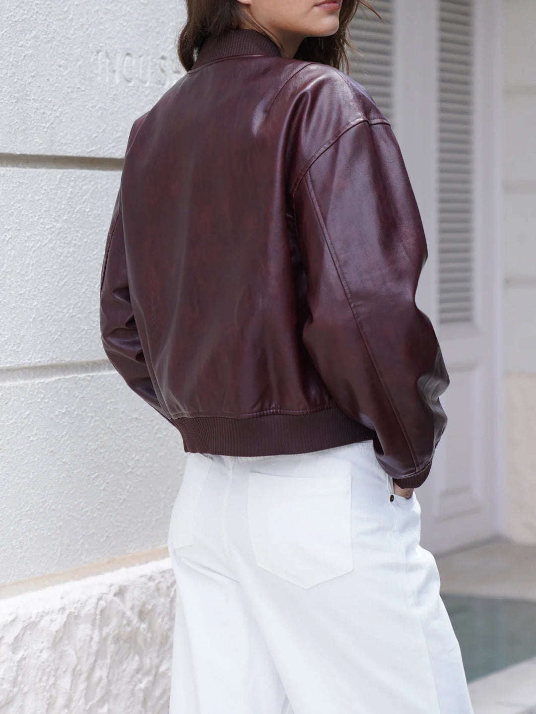 Leather short bomber jacket