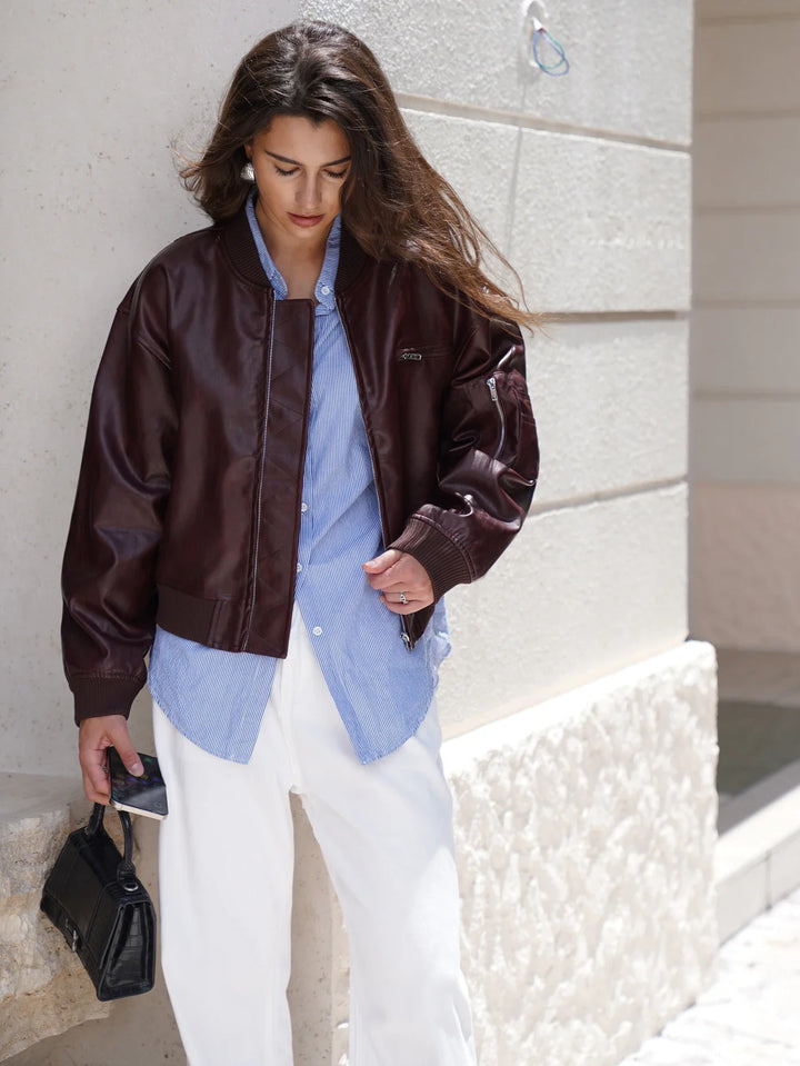 Leather short bomber jacket