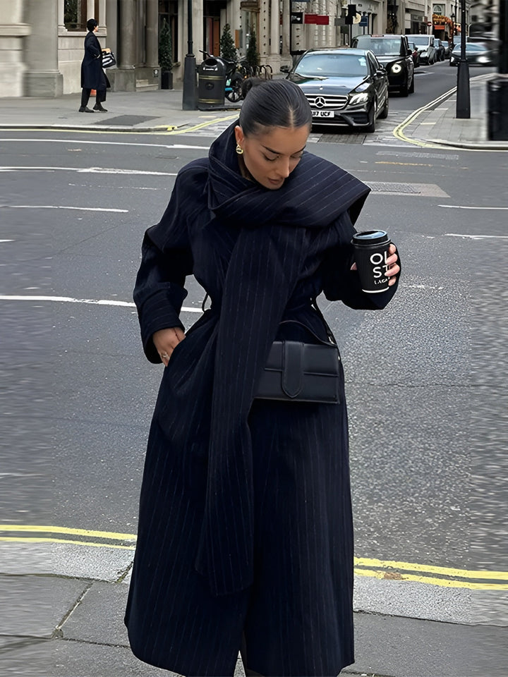 Striped trench coat with scarf