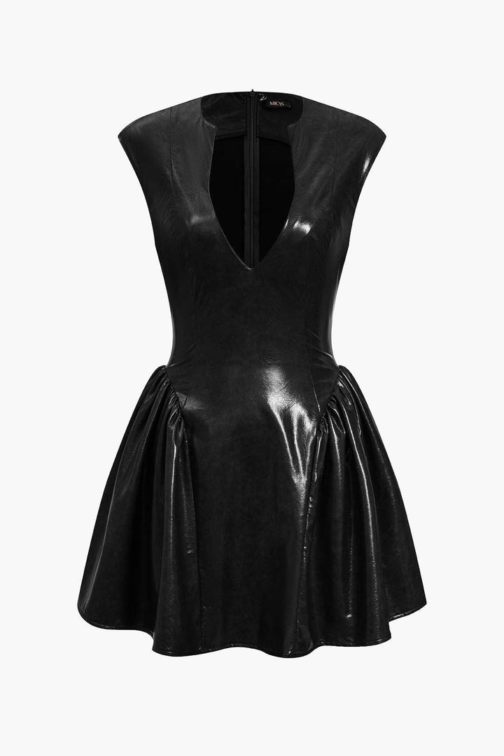 Faux Leather V-neck Ruched Mini Dress