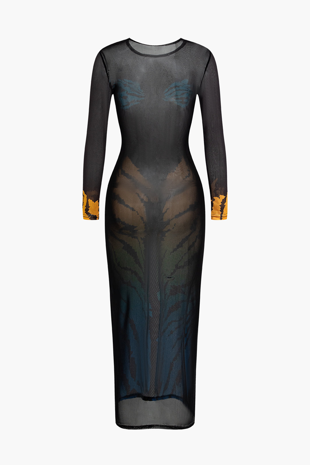 Tiger Print Mesh Sheer Round Neck Midi Dress