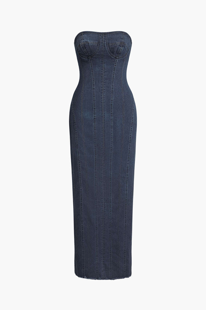 Seam Detail Zipper Slit Denim Strapless Maxi Dress