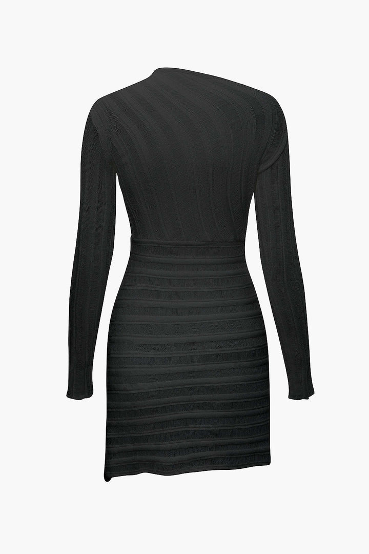 Asymmetrical Ripped Cut Out Knit Long Sleeve Mini Dress