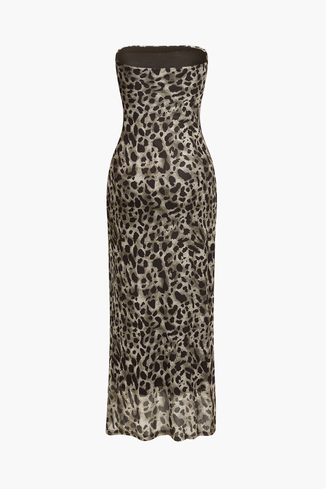 Leopard Print Slit Strapless Midi Dress