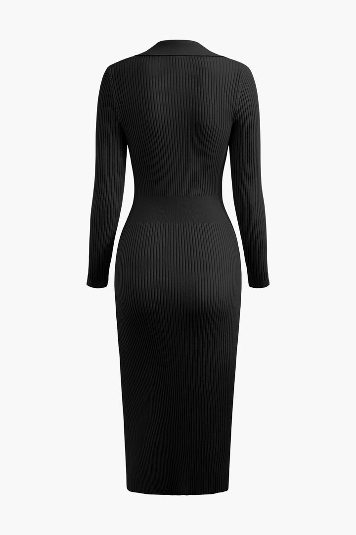 V-neck Rib Knit Collar Button Long Sleeve Midi Dress