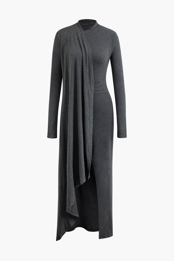 Mock Neck Wrap Ruched Long Sleeve Slit Maxi Dress