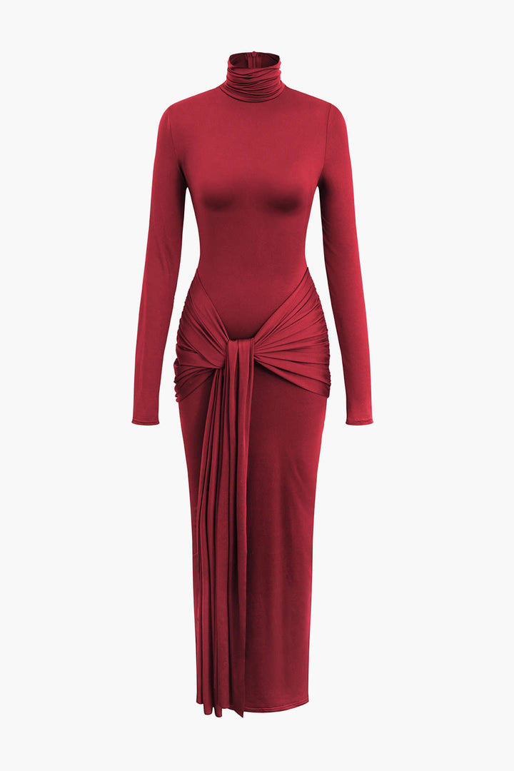 Wrap Ruched High Neck Long Sleeve Maxi Dress