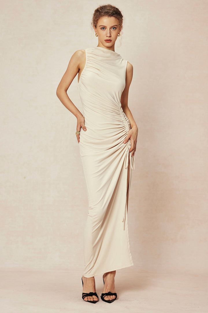 Asymmetric Ruched Drawstring Slit Sleeveless Maxi Dress