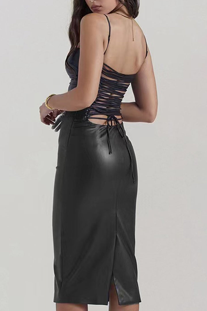 Faux Leather Slip Lace Up Midi Dress